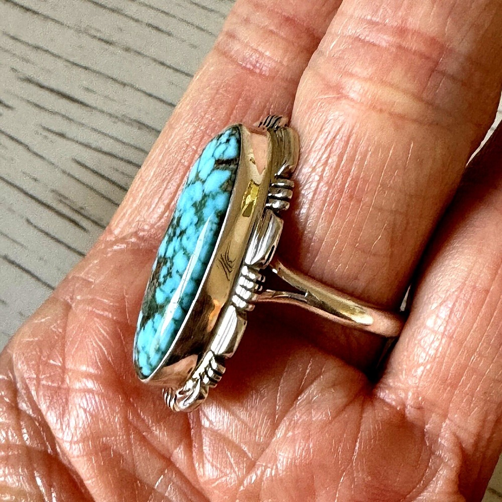 Navajo Sonoran Turquoise Ring Sz 10 Sterling Norvin Johnson Shine Fluted USA - Picture 4 of 7
